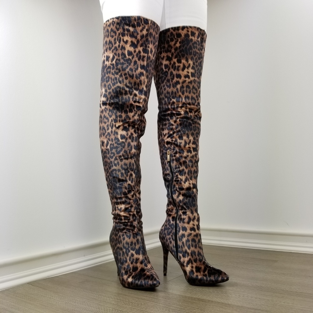 Leopard Print Thigh High Heel Boots - Picture 3 of 8